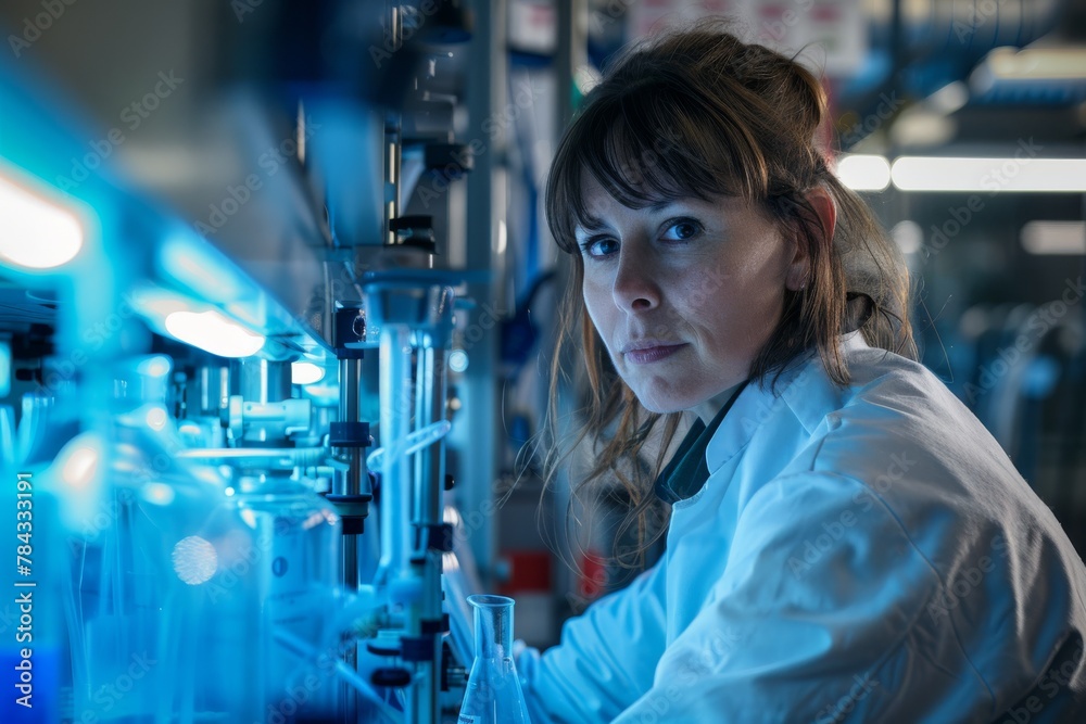 Leinwandbilder a focused scientist in a lab coat conducts an experiment with blue solutions in a modern lab setting