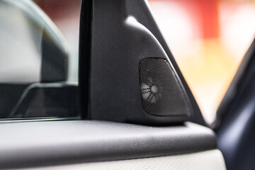 Car interior. Front handle door panel. Car open door window buttons.