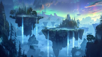 Illustration of serene floating islands with vibrant growth and tranquil waters at dawn