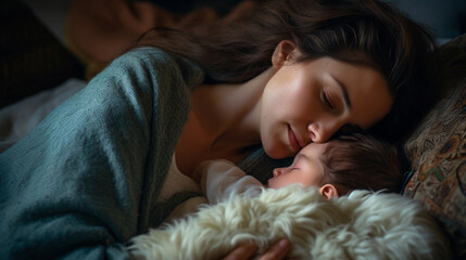 young mother with baby sleeping in bed. mother and little son in bedroom. family, family, motherhood, family, parenthood, childhood, parenthood