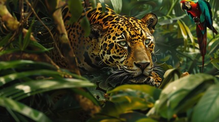 The intimate gaze of a jaguar surrounded by dense jungle foliage evokes a feeling of serenity and respect