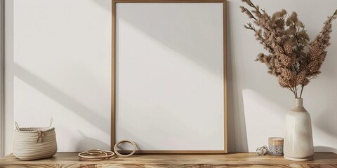 Mock up frame in home interior background, white room with natural wooden furniture, 3d render, 3d illustration