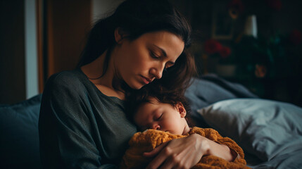 young mother with baby sleeping in bed. mother and little son in bedroom. family, family, motherhood, family, parenthood, childhood, parenthood