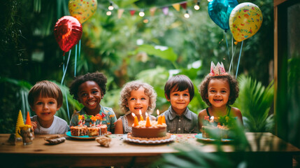 kids celebrating birthday party with candles at birthday party