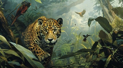 This atmospheric image captures a leopard moving gracefully through a foggy jungle, evoking a sense of mystery - obrazy, fototapety, plakaty