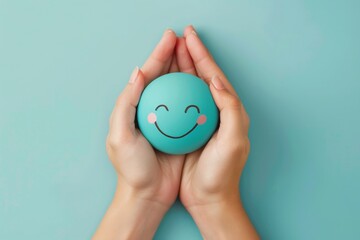 Adorable image showing human hands carefully cradling a blue smiley face stress ball, indicating care
