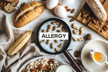 Foods known for causing allergies like peanuts and wheat are inspected with 'ALLERGY' in the magnifying glass - obrazy, fototapety, plakaty