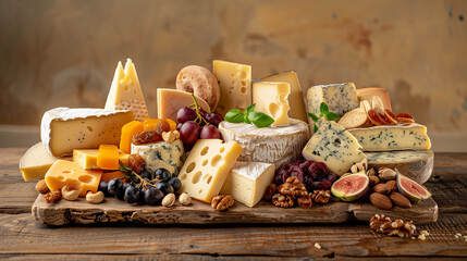 A photo of A carefully crafted cheese board adorned with an assortment of cheeses, nuts, and dried...