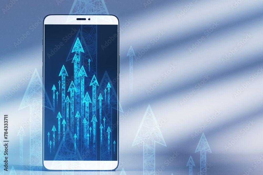 Poster Close up of smartphone with abstract growing arrows on concrete wall background with shadows and mock up place. Success, progress and result concept. 3D Rendering.