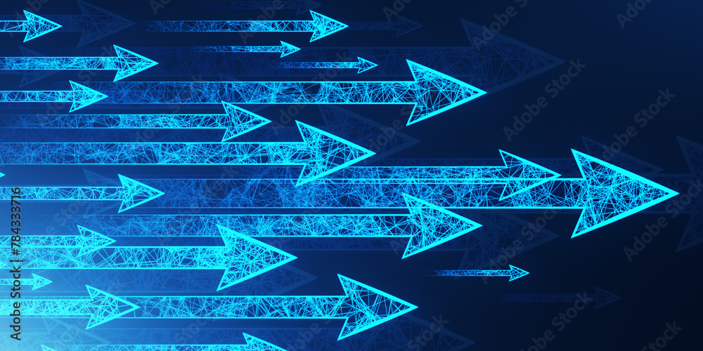Poster Abstract growing arrows on blue texture. Success, progress and result concept. 3D Rendering.