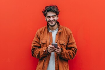 A joyful man in an orange jacket standing in front of a red background texting on his smartphone with a smile