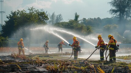 Fototapeta premium firefighters spraying water in fire fighting operation,Fire and rescue training school regularly