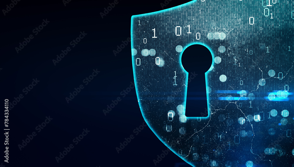 Aufkleber abstract digital blue shield with padlock on dark wallpaper with mock up place. safety and web prote