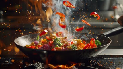 Freeze Motion of Wok Pan with Flying Ingredients in the Air and Fire Flames.