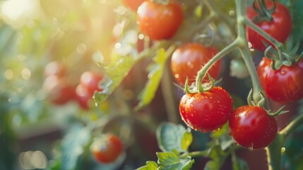 Fresh ripe red tomatoes and the tomato is not ripe yet hanging on the vine of a tomato tree in the garden.