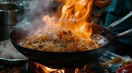 fried noodles cook in pan with big fire flame is hong kong style. Pad Thai favorite and famous Asian Thai street fast food in hot pan, - obrazy, fototapety, plakaty