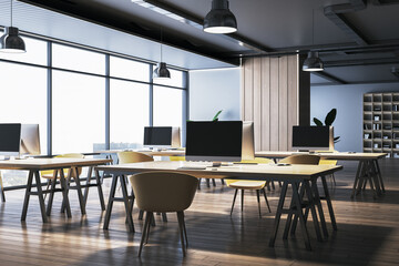 New wooden and concrete coworking office interior with panoramic window and city view. Workplace concept. 3D Rendering.