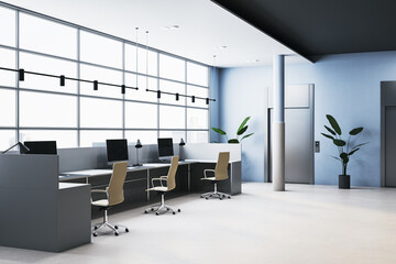 Modern coworking office interior with , panoramic windows with city view, dark concrete walls and various items and objects. 3D Rendering.