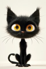 Fototapeta premium Chat noir mignon, sur fond blanc isolé, animal domestique aux grand yeux , ia générative