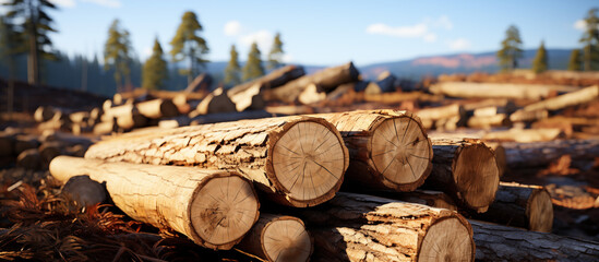 Stack of Logs in a Sunny Forest Clearing. Wood as a Renewable Resource and Building Material