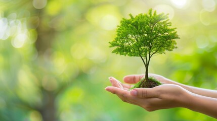 Hand holding a green tree with icons of energy sources for renewable, sustainable development. ecology and world sustainable environment concept.