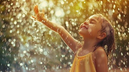 Happy child girl playing under the rain. Kid without umbrella playing with rain. Summer holiday concept.
