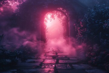 Dream dimension portal opening in a foggy forest, pathway to unknown realms