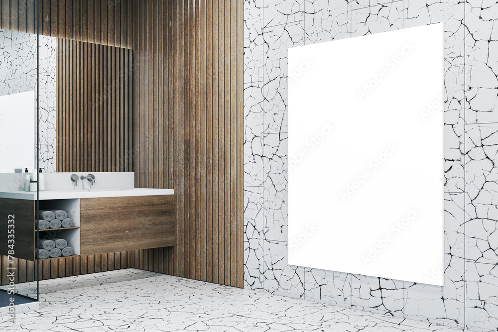Poster modern wooden and marble tile bathroom interior with empty white mock up banner on wall and mirror. 