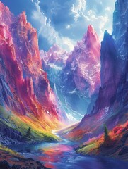 Fantasy world of rainbow mountains, where reality bends and dreams take shape  - obrazy, fototapety, plakaty