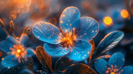 Glowing flowers under a high-tech foliage canopy, bioluminescence meeting technology - obrazy, fototapety, plakaty