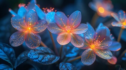 Glowing flowers under a high-tech foliage canopy, bioluminescence meeting technology