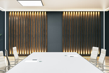 Bright wooden designer meeting room interior. 3D Rendering. - obrazy, fototapety, plakaty