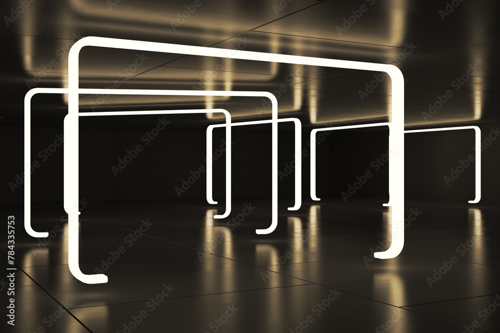 Aufkleber abstract dark neon frame corridor interior. 3d rendering.