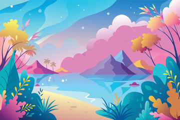 Fototapeta na wymiar Colorful vector artwork of a sunset with mountains, palm trees, and a tranquil beach