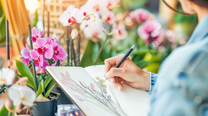 Woman Drawing Flowers in Sketchbook. Art Therapy Concept
