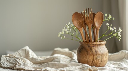 Eco conscious dining experience enhanced by wooden cutlery set on natural linen tablecloth - obrazy, fototapety, plakaty