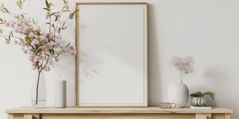 Mock up frame in home interior background, white room with natural wooden furniture, 3d render, 3d illustration 
