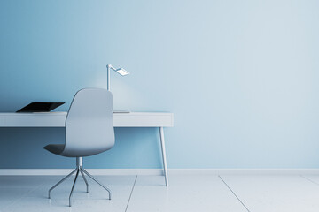 Contemporary blue home office interior with workplace and mock up place on wall. 3D Rendering.