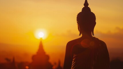 Silhouette at sunset of Big golden buddha, back light. - obrazy, fototapety, plakaty