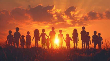 Silhouette back refugee kid group.Responsible.Kid child boy and girl worship.World kids day, Pray and worship, Hope, freedom, Diverse