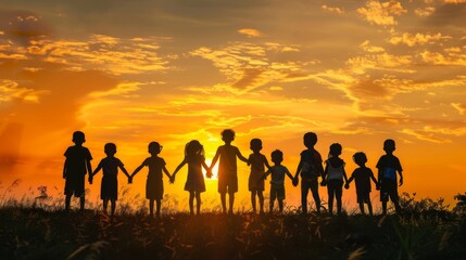 Silhouette back refugee kid group.Responsible.Kid child boy and girl worship.World kids day, Pray and worship, Hope, freedom, Diverse
