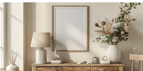 Mock up frame in home interior background, white room with natural wooden furniture, 3d render, 3d illustration 