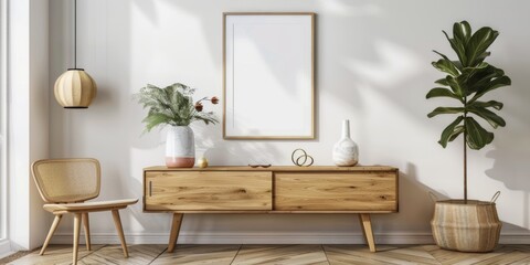 Fototapeta na wymiar Mock up frame in home interior background, white room with natural wooden furniture, 3d render, 3d illustration 