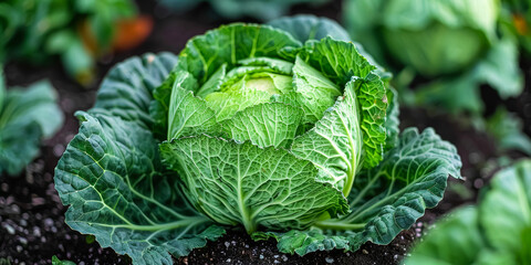 savoy cabbage in a garden - obrazy, fototapety, plakaty