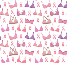 Vector seamless pattern with various types of women's bra and with pink ribbons. Background with lingerie and breast cancer ribbon in flat style	