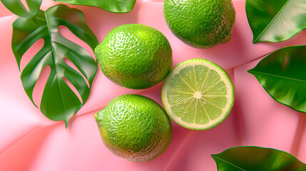 Limes, simple soft pink background, top view, clean background, minimalist