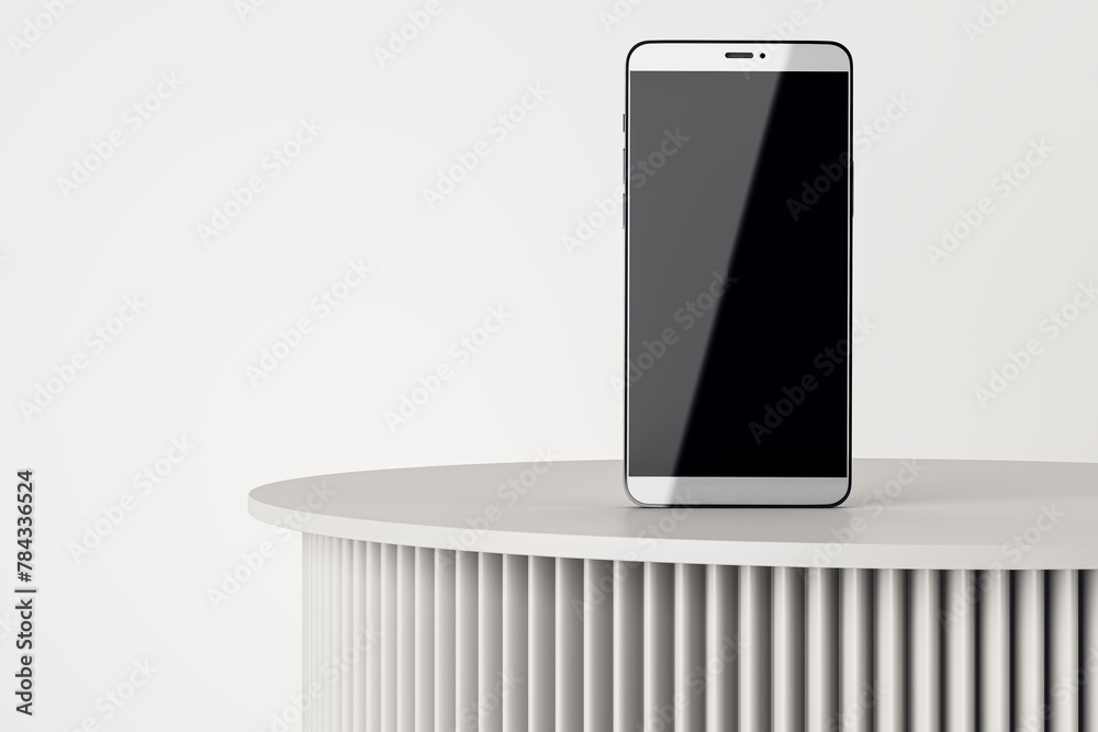 Aufkleber Empty classic pedestal on light background with mock up smartphone screen. Product placement and ad concept. 3D Rendering.