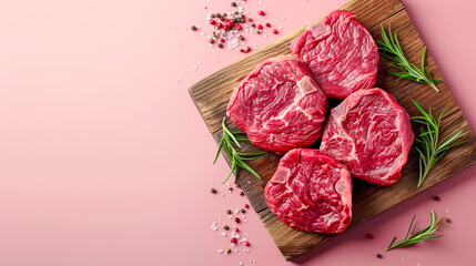 raw beef steaks on a cutting boards, on a simple soft studio pink background, top view, lot of copy-space