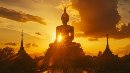 Stand big Buddha Statue in silhouette sun set Light background in park of Thailand temple.Yellow orange light silhouette dark shadow of image Buddha statue stand Buddha - obrazy, fototapety, plakaty