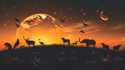 Fototapeta na wymiar wildlife silhouette on earth wildlife conservation concept